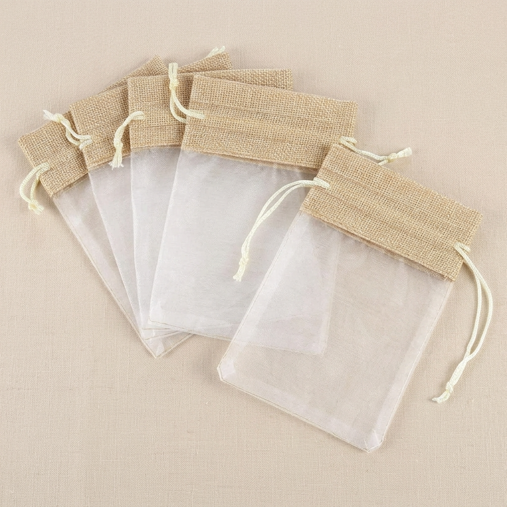 30pcs, Brown Organza Linen-Style Drawstring Gift Pouch Bag
