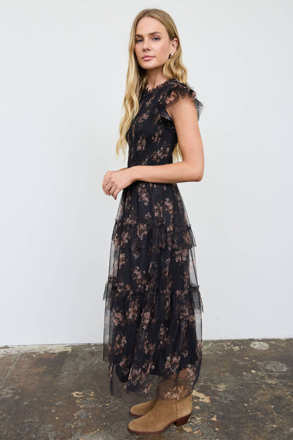 SMOCKED RUFFLE TIERED FLORAL MIDI DRESS : BLACK MULTI