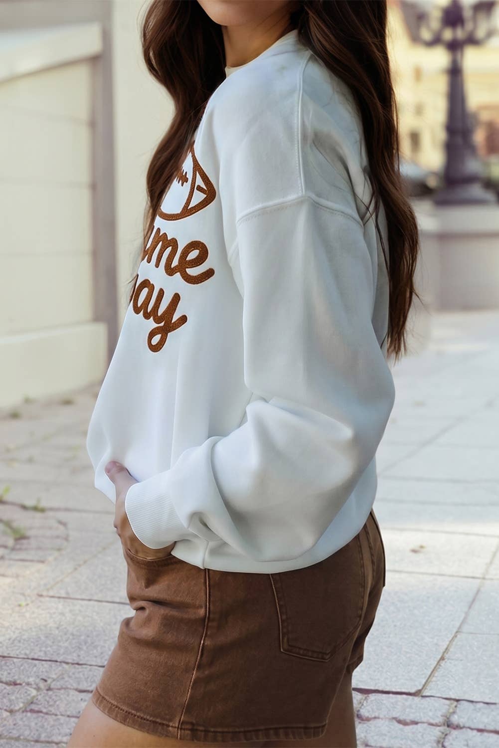 Game Day Letter Towel Embroidery Long Sleeve Pullover: White / M