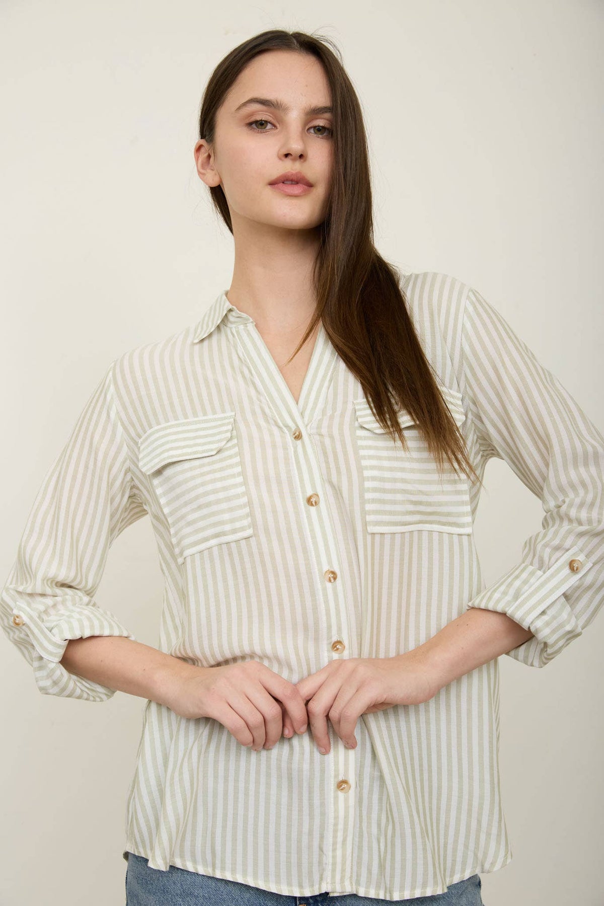 PLUS STRIPE COLLARED BUTTON DOWN LIGHTWEIGHT SHIRT : BLACK