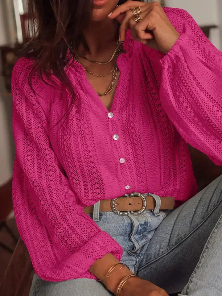 Open Knit Lace V Neck Button Front Blouse: Apricot / 95% Polyester+5% Elastane / XL