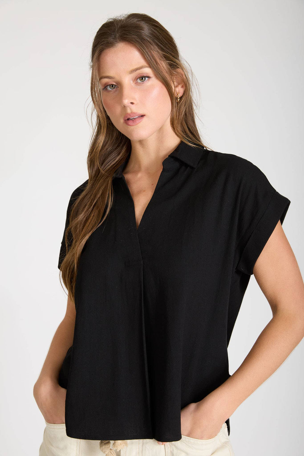 COLLARED SPLIT NECK CUFF SLEEVE U HEM LINEN TOP: BLUE