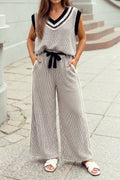 Colorblock Trim V Neck Tank Drawstring Wide Leg Pants Set: Beige / M