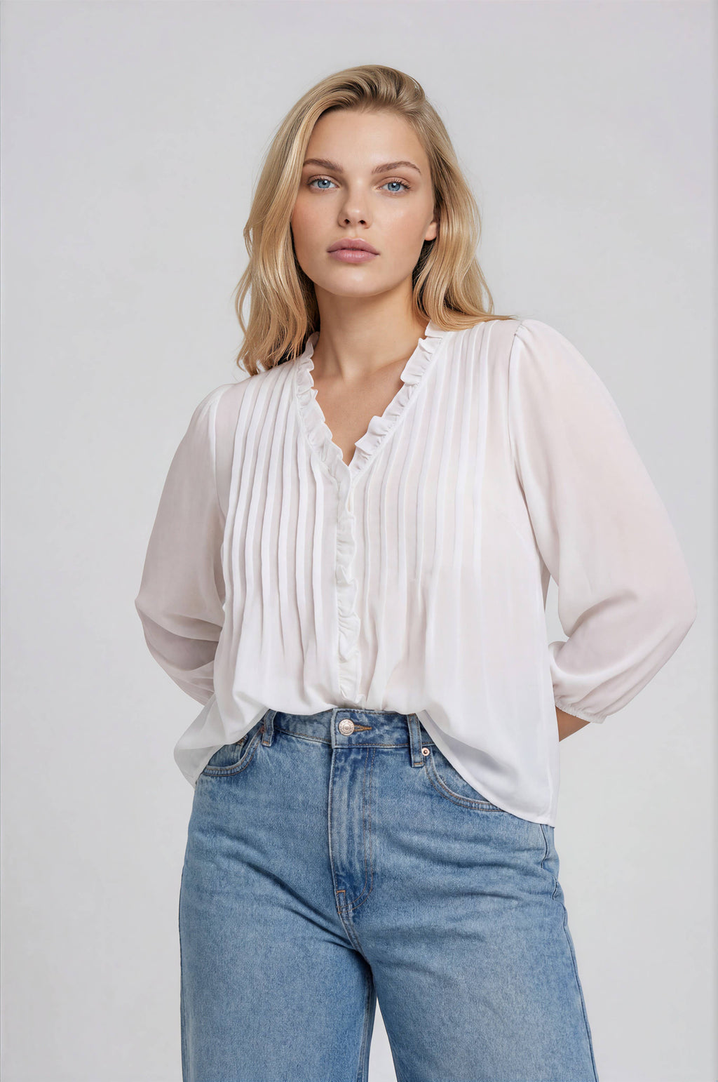 PLUS 3/4 SLEEVE RUFFLE TRIM PINTUCK DETAIL BLOUSE: BLACK