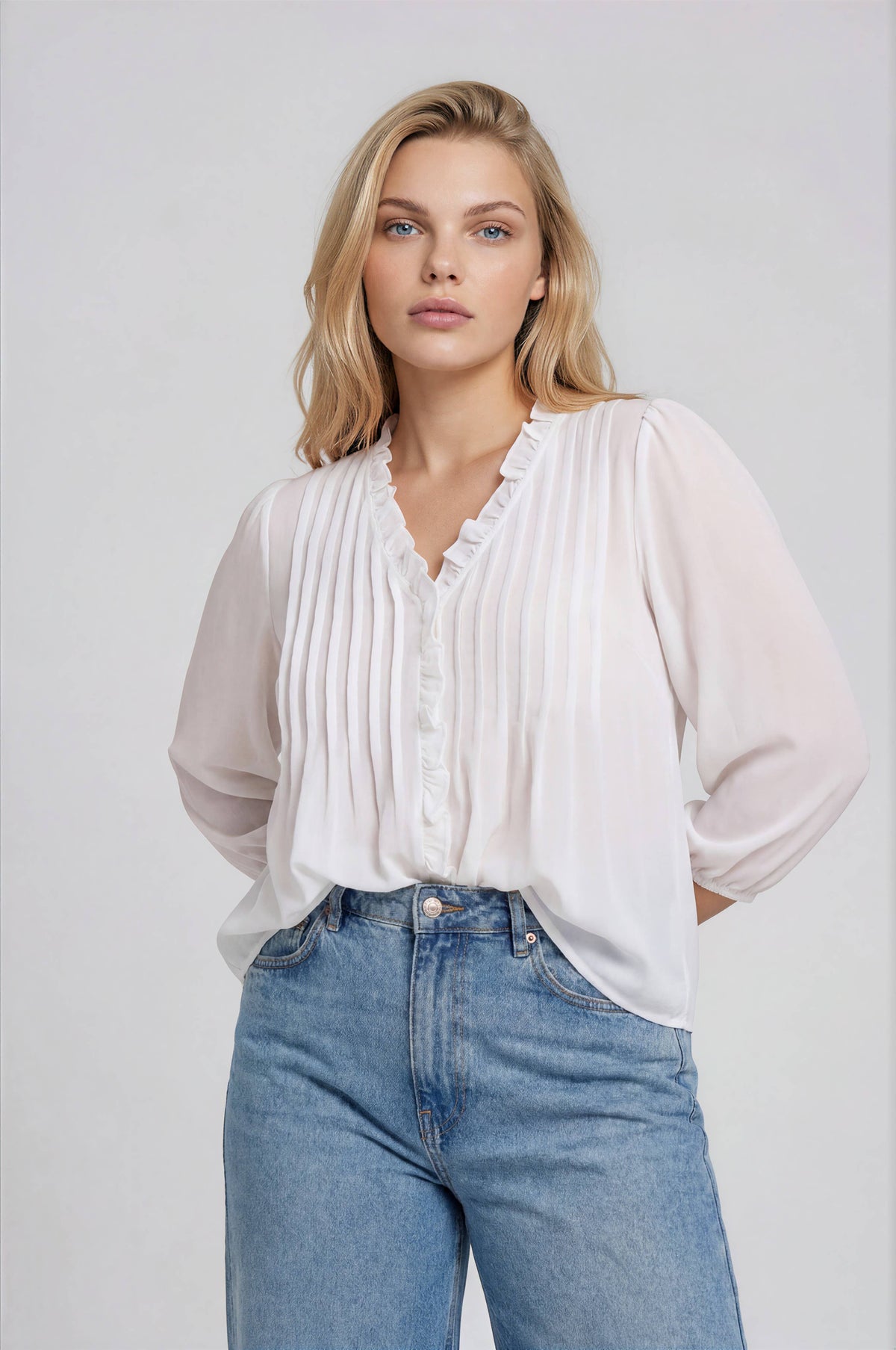 PLUS 3/4 SLEEVE RUFFLE TRIM PINTUCK DETAIL BLOUSE: BLACK