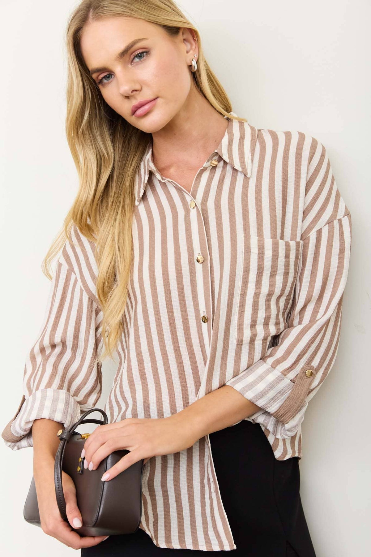 VERTICAL STRIPE COLLARED BUTTON DOWN SHIRT: TAUPE