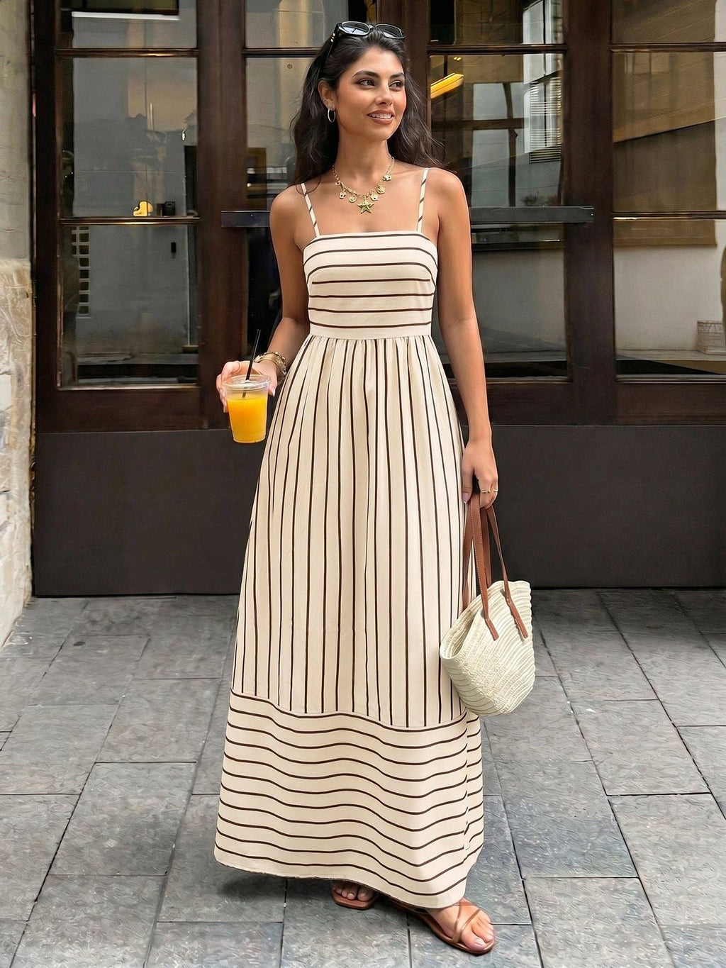 Striped Polyester Maxi Dress Resort Spaghetti Strap: Coffee Brown / 96%Polyester+4%Elastane / L