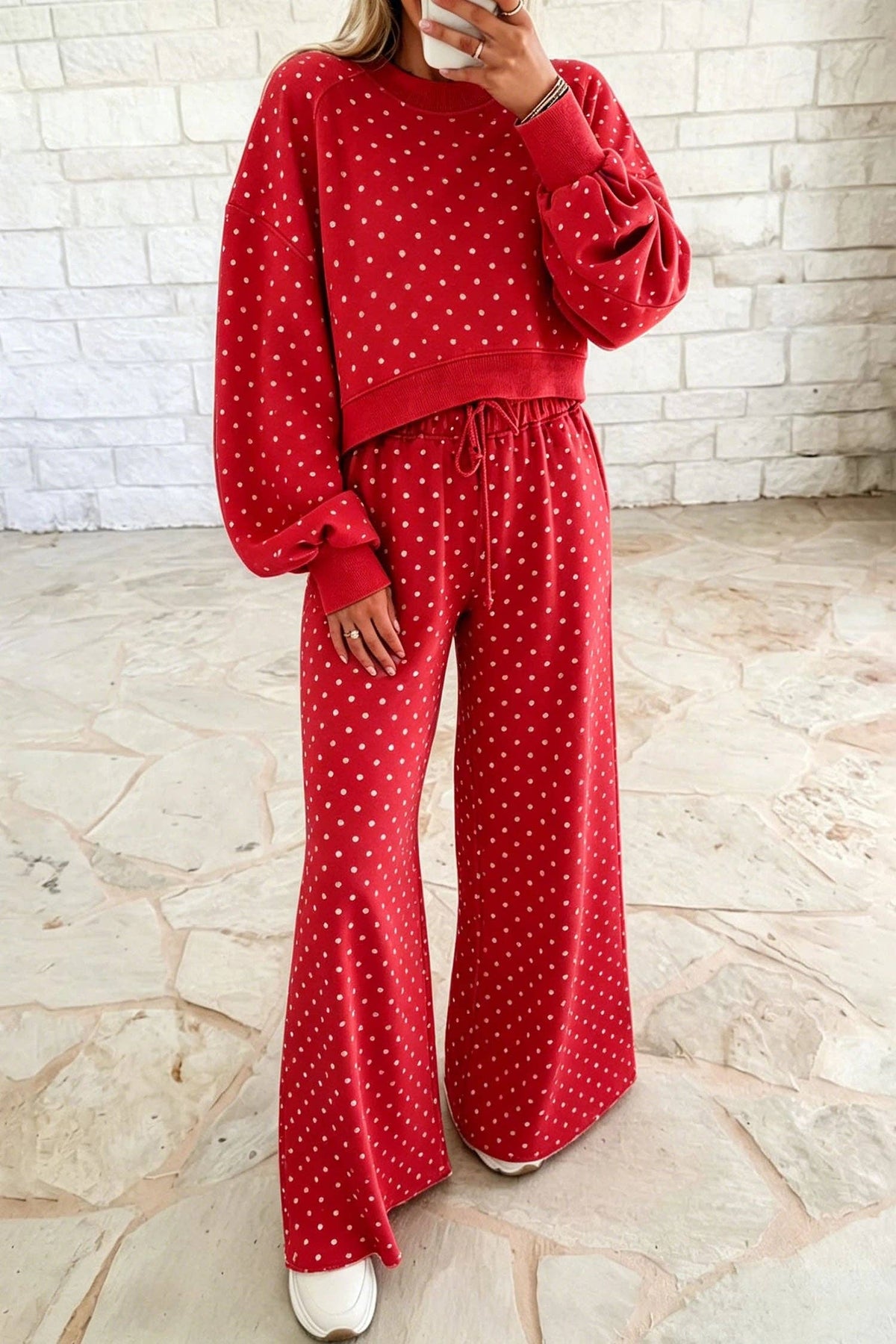 Polka Dot Drawstring Wide Leg Long Sleeve Top Pant Set: Blue / 100%Polyester / XL
