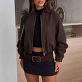 Cropped Bomber Jacket Stand Collar Zip Up Casual Outerwear