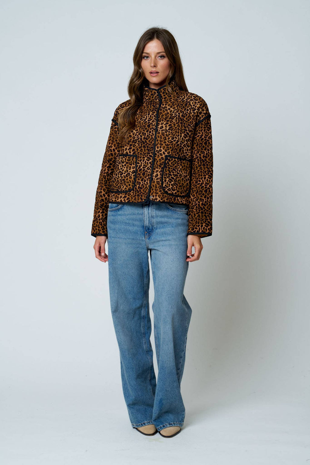 LEOPARD PRINT SNAP BUTTON JACKET: BROWN MULTI