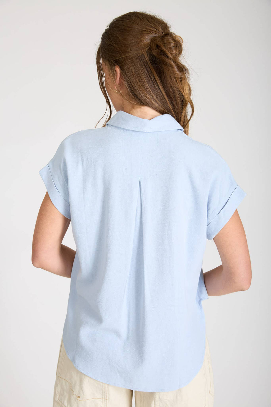 COLLARED SPLIT NECK CUFF SLEEVE U HEM LINEN TOP