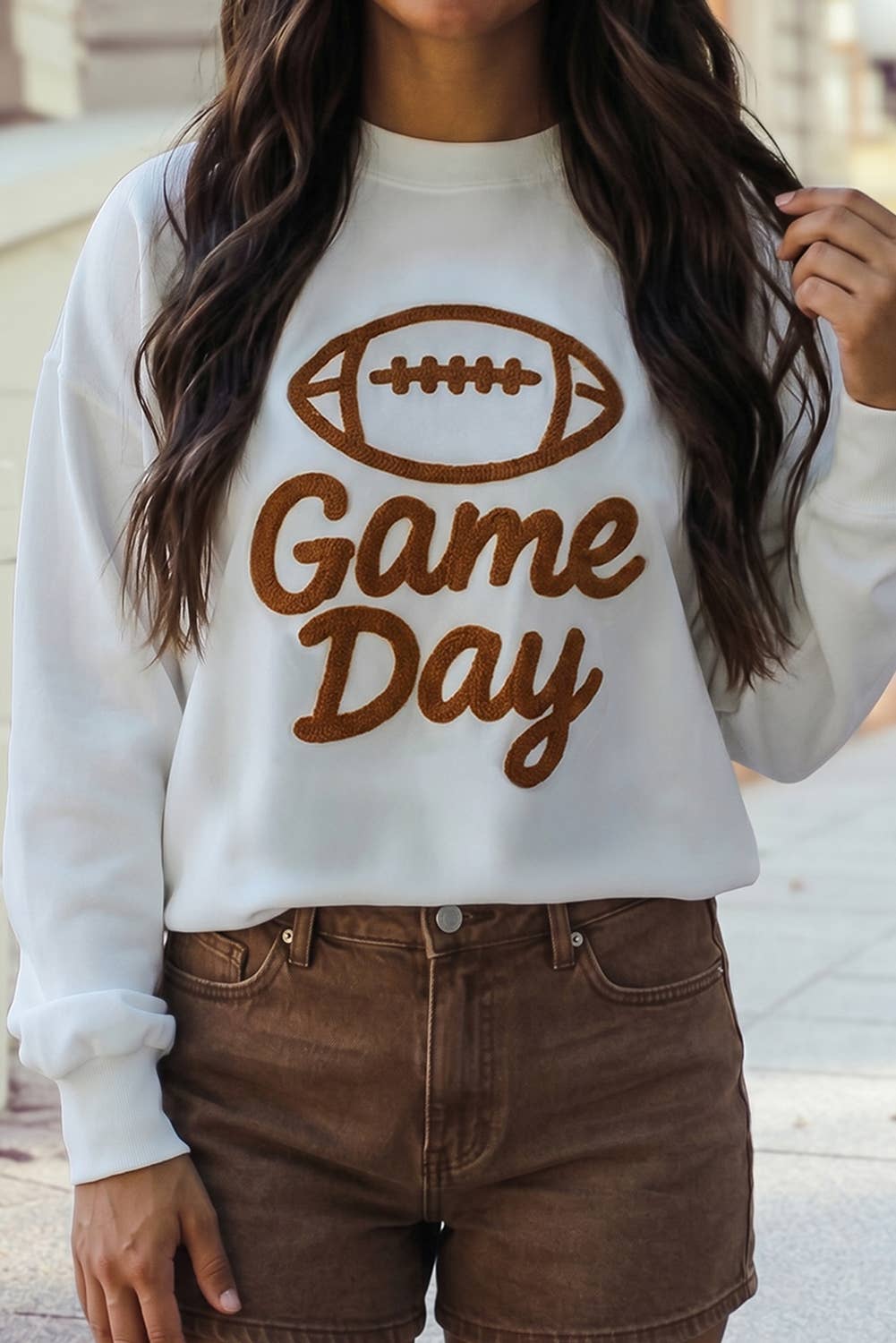 Game Day Letter Towel Embroidery Long Sleeve Pullover: White / S