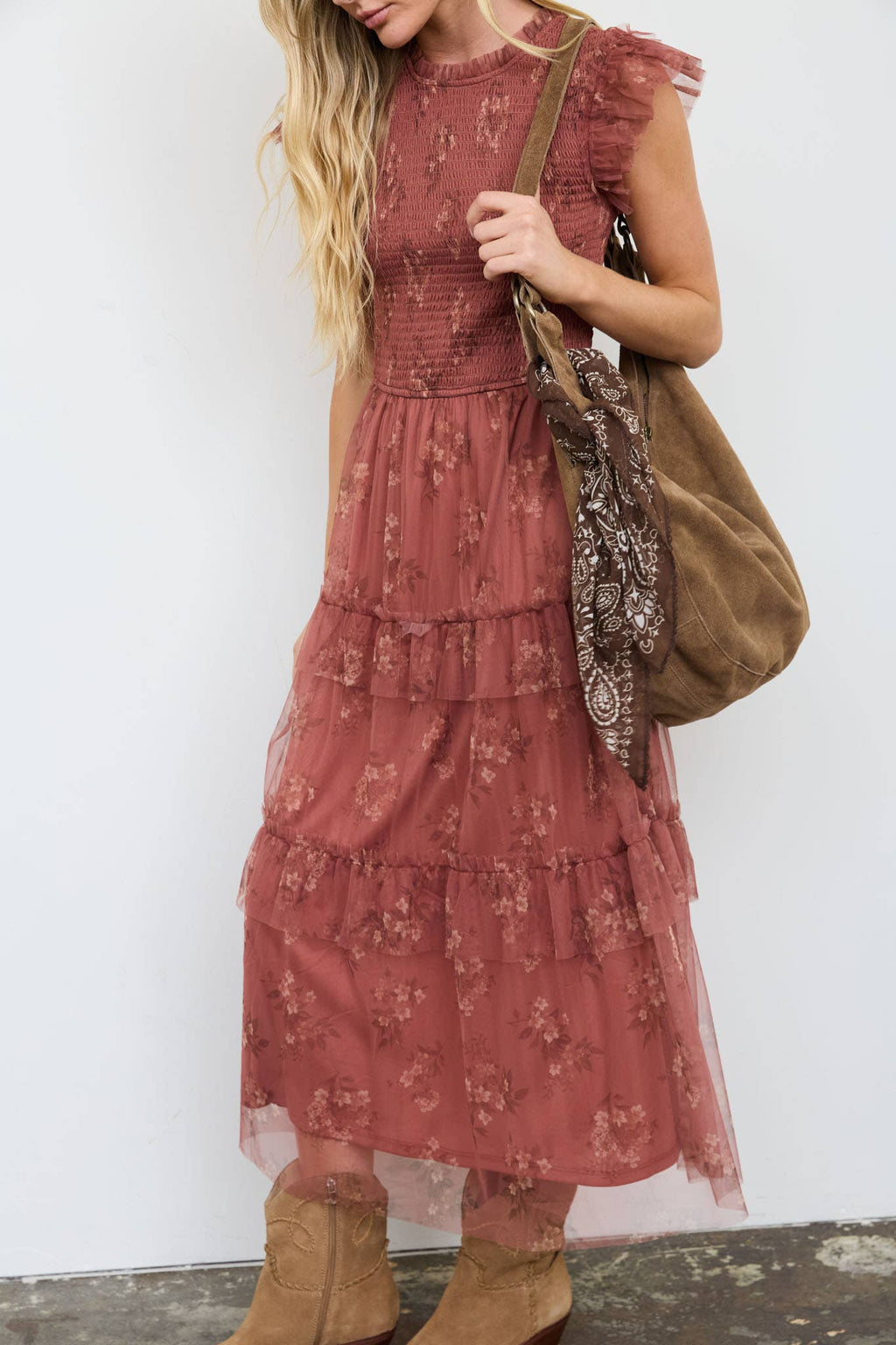 SMOCKED RUFFLE TIERED FLORAL MIDI DRESS : BLACK MULTI