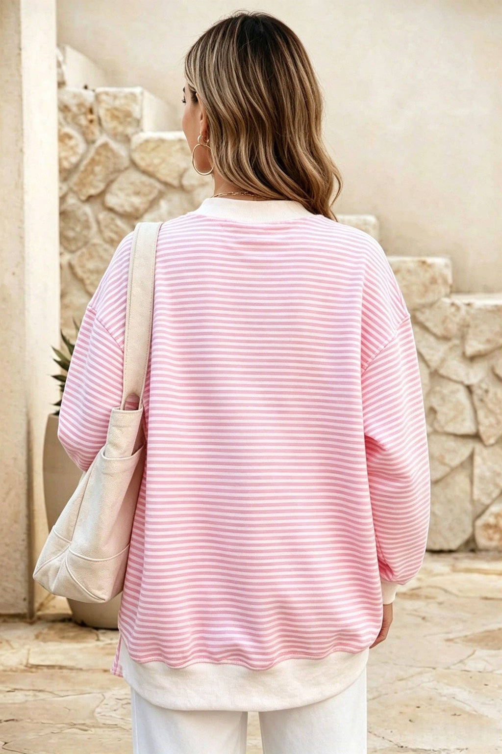Striped Cotton Sweatshirt Oversized Long Sleeve Top: Pink / 95%cotton+5%elastane / S