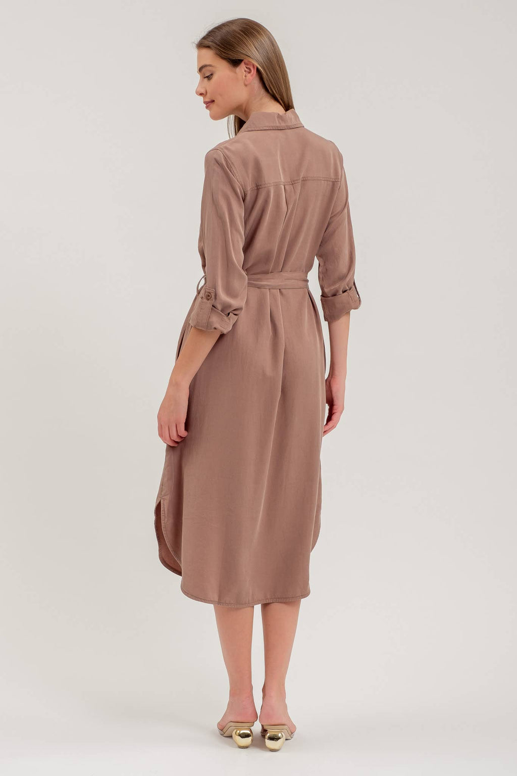 COLLARED 3/4 SLEEVE BUTTON DOWN SHIRT MIDI DRESS