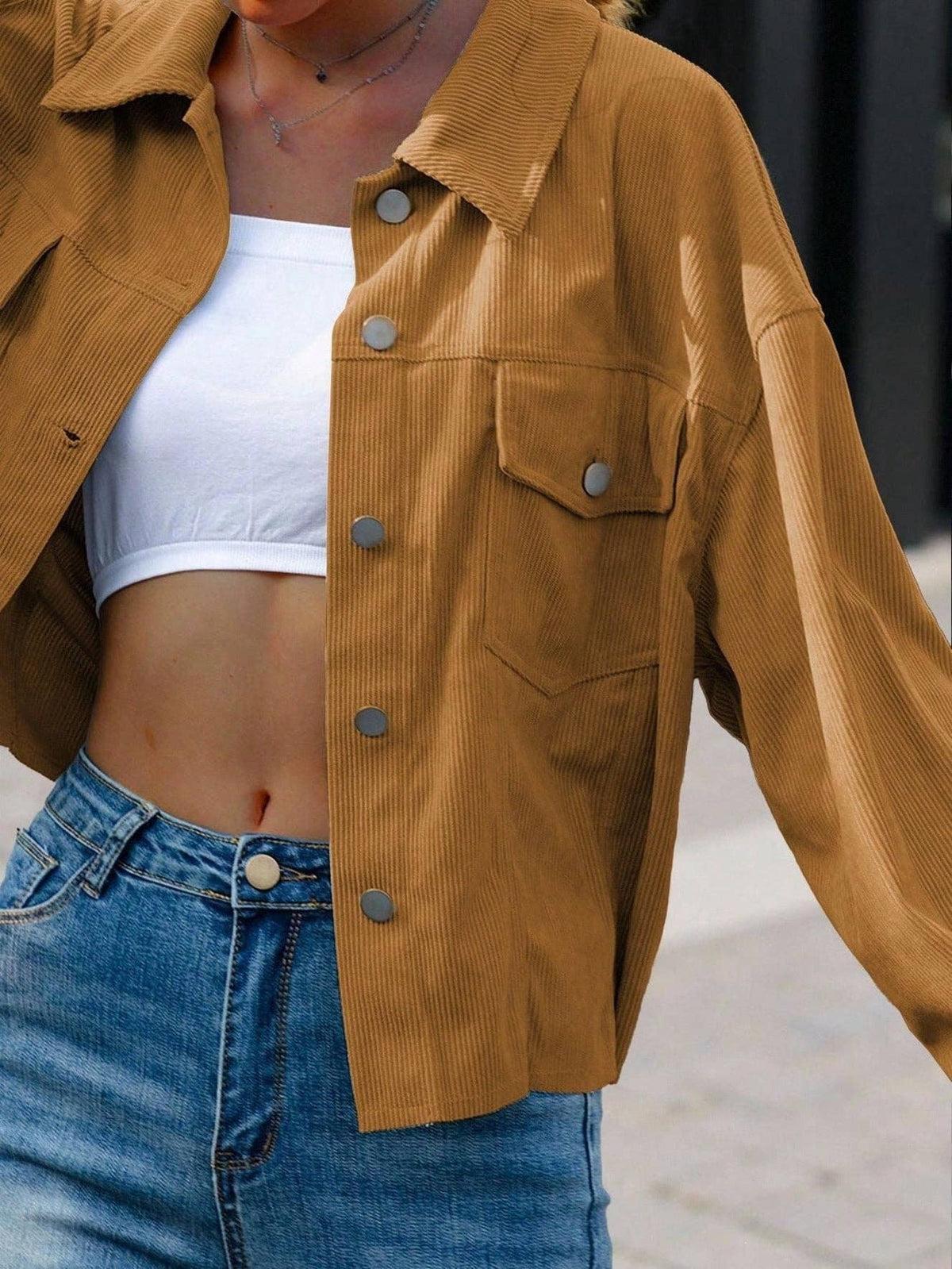 Solid Corduroy Jacket Casual Oversized Button Front: Light Brown / 100%polyester / M