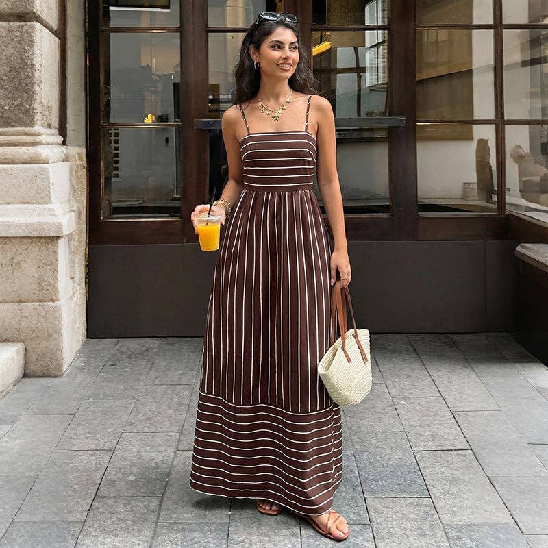 Striped Polyester Maxi Dress Resort Spaghetti Strap: Coffee Brown / 96%Polyester+4%Elastane / M