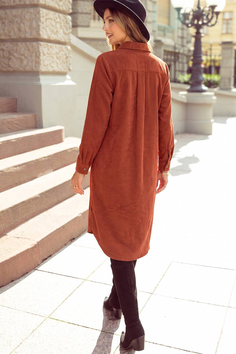 Long Sleeve Button Down Corduroy Midi Length One Piece Dress: Clay / S