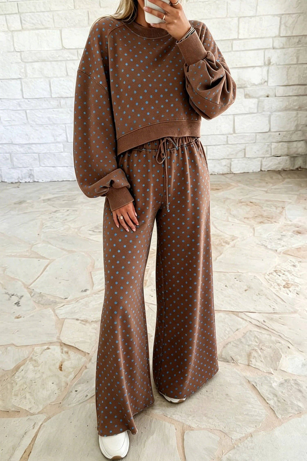 Polka Dot Drawstring Wide Leg Long Sleeve Top Pant Set: Blue / 100%Polyester / XL
