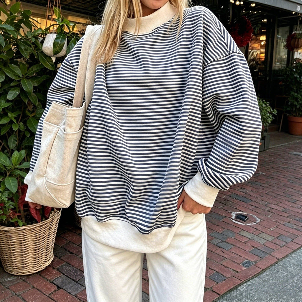 Striped Cotton Sweatshirt Oversized Long Sleeve Top: Pink / 95%cotton+5%elastane / S