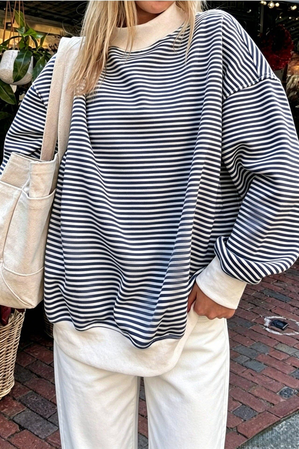 Striped Cotton Sweatshirt Oversized Long Sleeve Top: Pink / 95%cotton+5%elastane / S